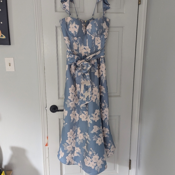 V. Chapman Anthropologie Vera Dress Blue Floral Corset Top Ruffle Strap Midi - Picture 5 of 12